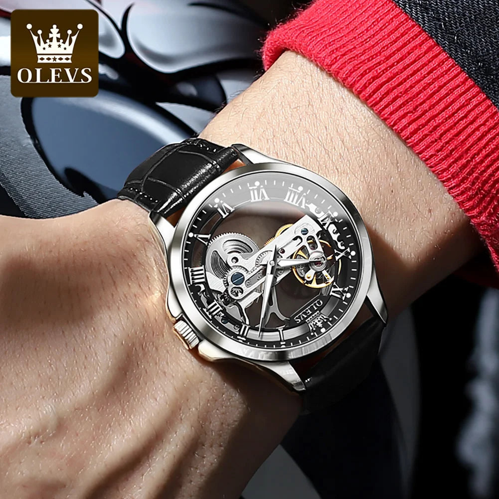 OLEVS 6661 Mechanical Wristwatch for Men Hollowed Flywheel Leather Strap Waterproof Luminous Business Men's Dress Watches