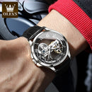 OLEVS 6661 Mechanical Wristwatch for Men Hollowed Flywheel Leather Strap Waterproof Luminous Business Men's Dress Watches