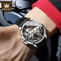 OLEVS 6661 Mechanical Wristwatch for Men Hollowed Flywheel Leather Strap Waterproof Luminous Business Men's Dress Watches