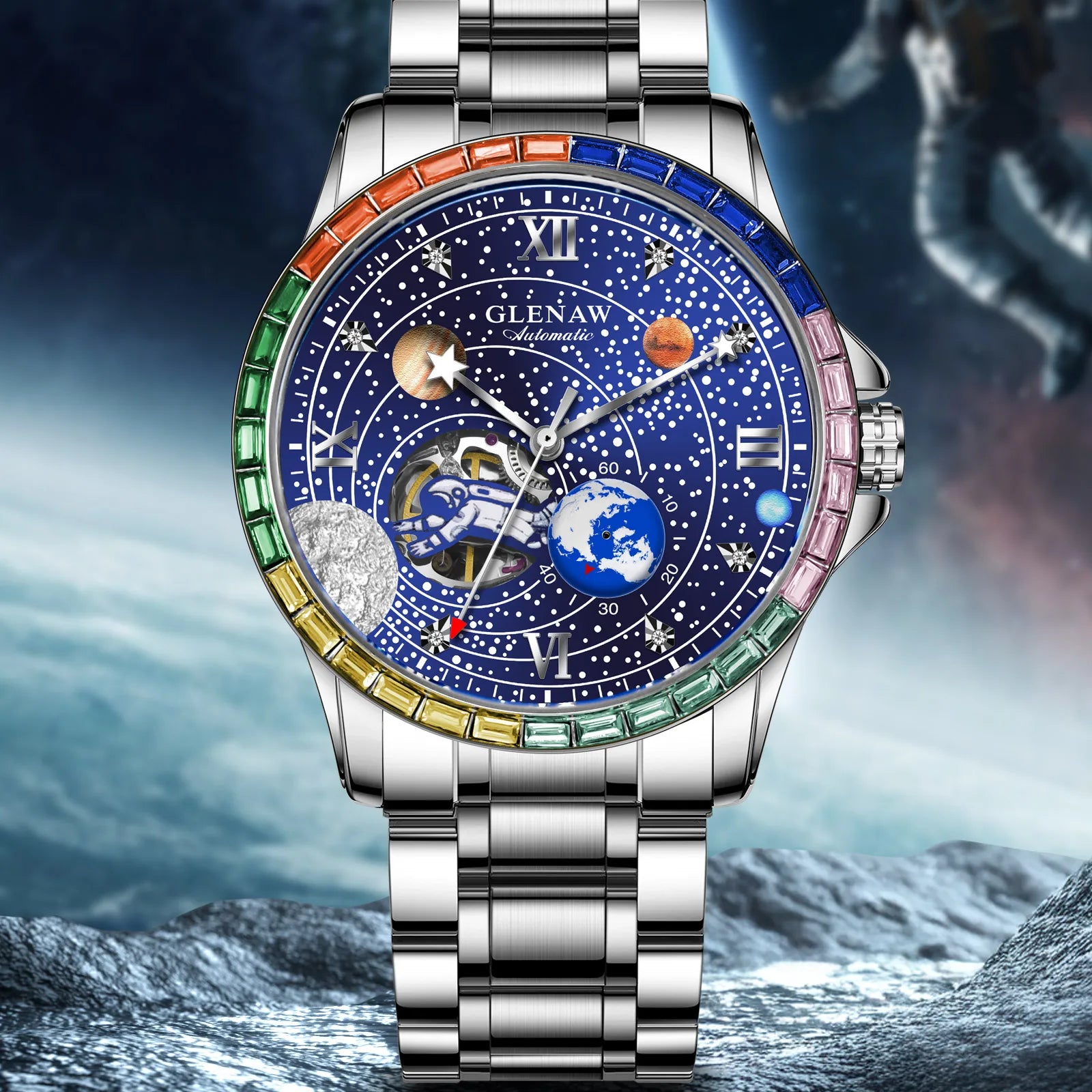 GLENAW New Rotating Earth Mechanical Watch Men Space astronaut dial Night Light Waterproof Stainless Steel Strap Automatic Watch