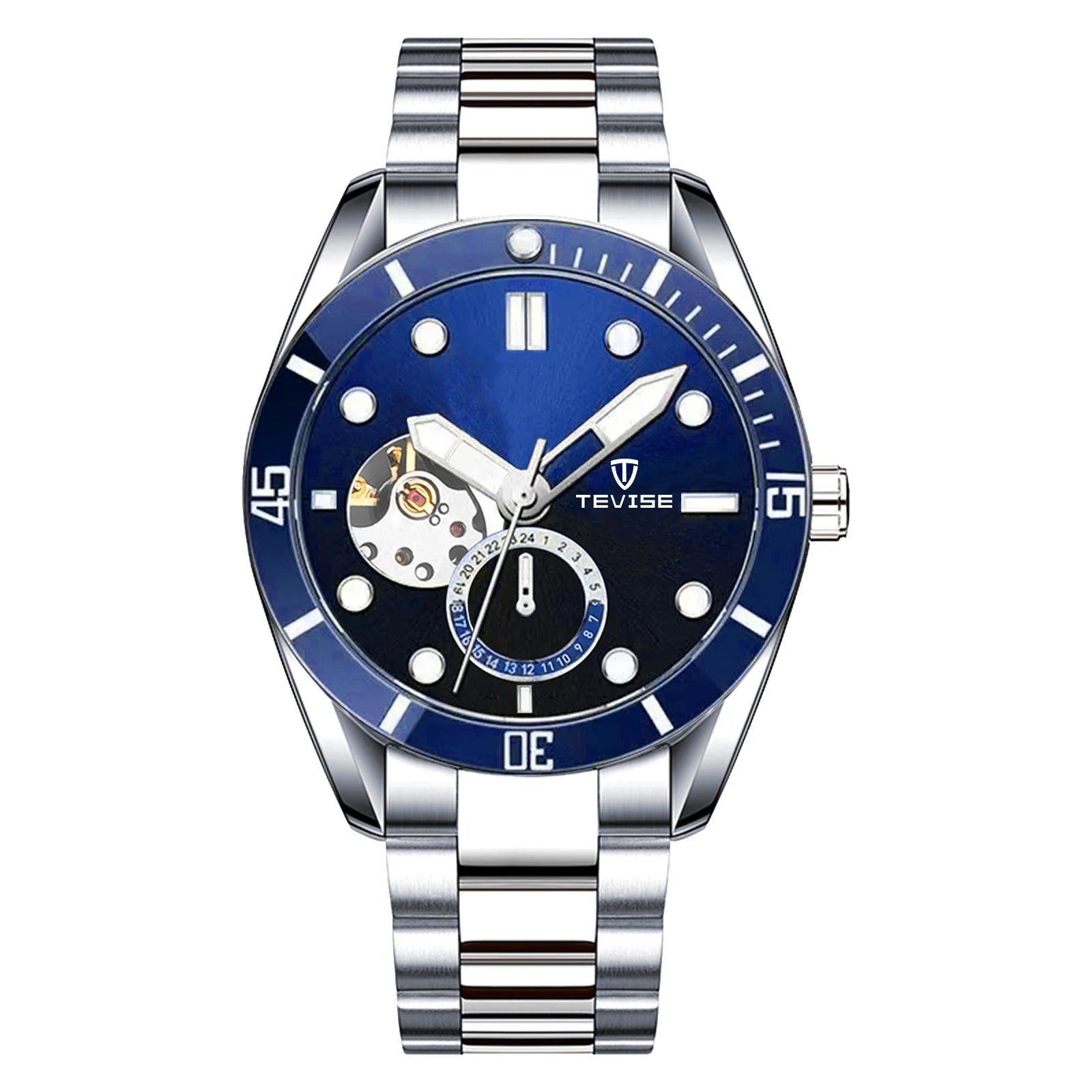TEVISE Watch Automatic Mechanical Movement Fashion Stainless Steel Strap Skeleton Watch Luminous 24 Hour Wristwatch Waterproof