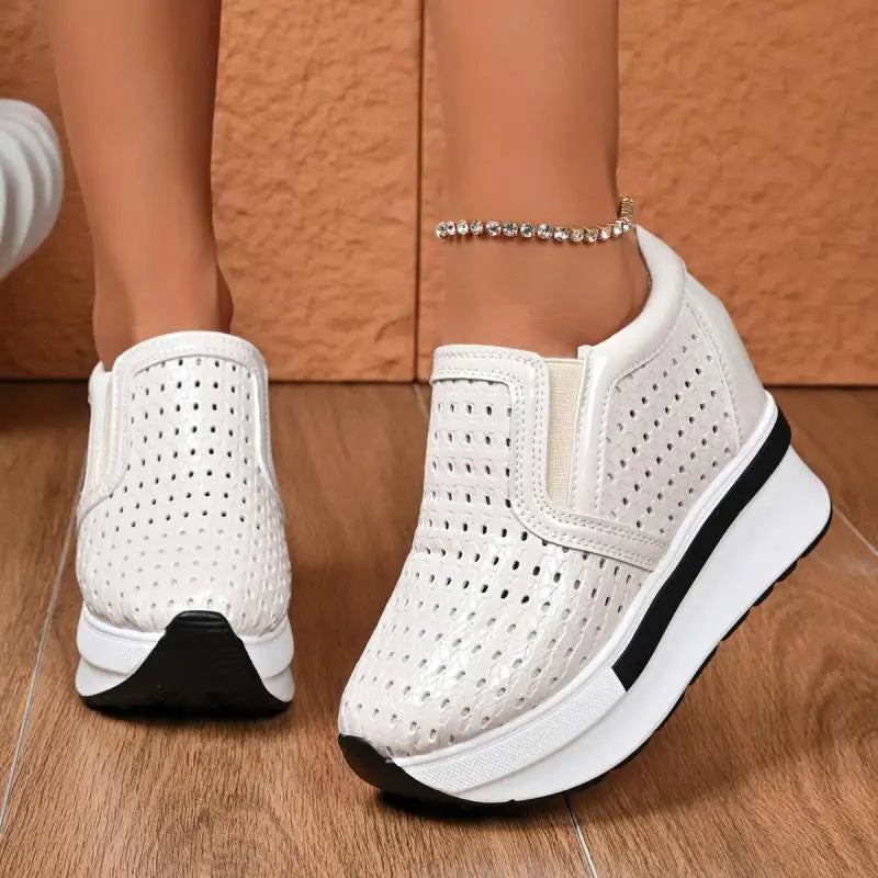 Breathable Hollow Out Thick Bottom Sneakers Women 2025 Autumn Chunky Platform High Heel Casual Shoes Slip On Non Slip Shoes